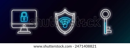 Set line Key, Lock on computer monitor screen and Shield with WiFi wireless internet network icon. Glowing neon. Vector