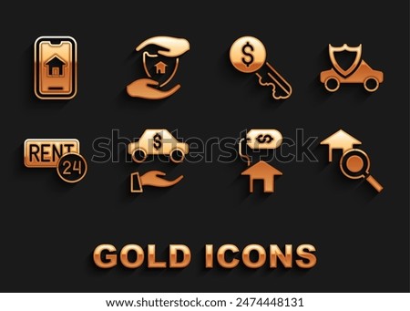 Set Car rental, with shield, Search house, House dollar, Rent, key, Online real estate and  icon. Vector