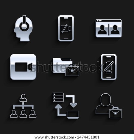 Set Online working, Freelancer, Mute microphone on mobile, Hierarchy organogram chart, Camera, Video chat conference and  icon. Vector