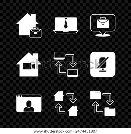 Set Online working, Video chat conference, Cloud storage document folder, camera Off home and  icon. Vector