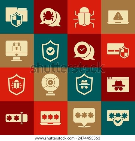 Set Password protection, Browser incognito window, Credit card with shield, System bug, Shield check mark, Lock monitor, Document folder and Check speech bubble icon. Vector
