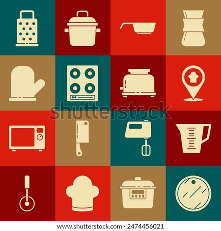 Set Cutting board, Measuring cup, Chef hat with location, Frying pan, Gas stove, Oven glove, Grater and Toaster icon. Vector