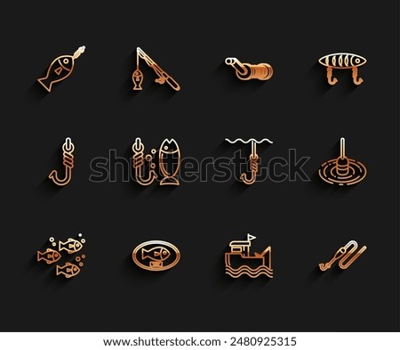 Set line Fish, trophy hanging on the board, hook, Fishing boat with fishing rod water, line and float,  and under icon. Vector