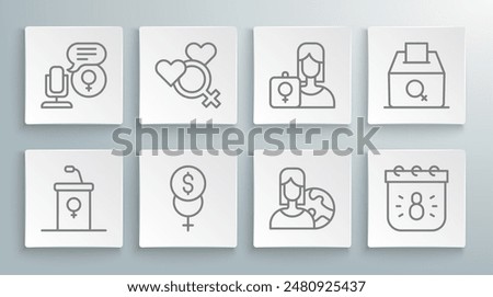 Set line Debate podium rostrum, Female gender, Feminism finance, Women from different countries, Calendar with 8 March, Feminist activist, vote right and Microphone icon. Vector