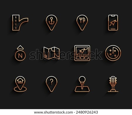 Set line Location with house, Unknown route point, Road traffic sign, Push pin, Traffic light, Folded map, Radar targets monitor and Gps device icon. Vector