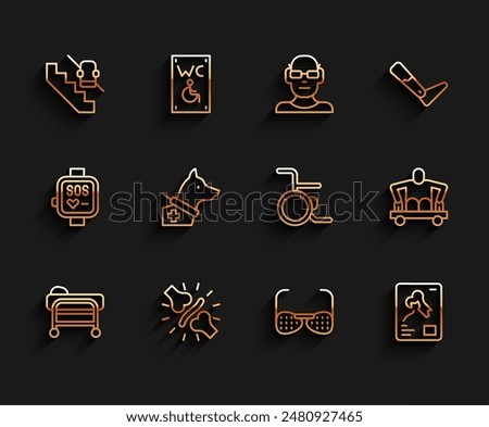 Set line Stretcher, Joint pain, knee pain, Disabled elevator, Blind glasses, X-ray shots, Guide dog, Man without legs sitting wheelchair and Wheelchair icon. Vector