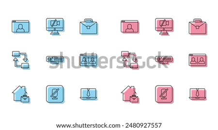 Set line Online working, Mute microphone, Video chat conference, Web camera,  and Off computer icon. Vector