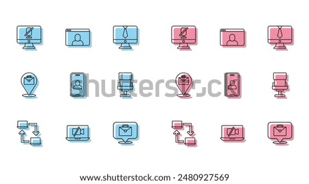 Set line Online working, Video camera Off on laptop, Mute microphone computer, chat conference, Office chair,  and  icon. Vector