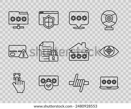 Set line Fingerprint, Laptop with password, Password protection, Folder, Document and lock, Barbed wire and Eye scan icon. Vector