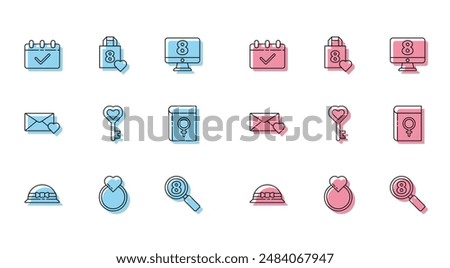 Set line Elegant women hat, Wedding rings, Calendar with 8 March, Search, Key heart shape, Book about, Envelope and Shopping bag icon. Vector