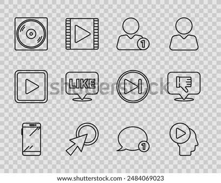 Set line Smartphone, mobile phone, Head people with play button, Add friend, Arrow cursor, Vinyl disk, Like speech bubble, Speech chat and Dislike icon. Vector