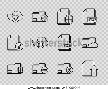 Set line Document folder protection, Upload file document, concept, with minus, Cloud check mark, download and upload, Finance and storage text icon. Vector