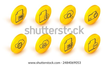 Set line Document with minus, XLS file document, Cloud download and upload, shield, folder clock, Search cloud computing, Finance and PSD icon. Vector