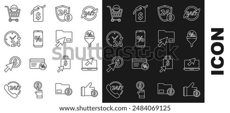Set line Hand holding coin, Laptop cursor, Lead management, Shield with dollar, Percent discount mobile, Clock 24 hours, Remove shopping cart and Cursor click document folder icon. Vector