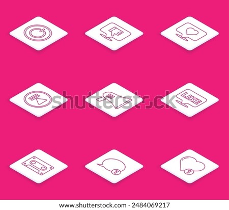 Set line Power button, Dislike in speech bubble, Like and heart, Rewind, Megaphone, Retro audio cassette tape and Speech chat icon. Vector