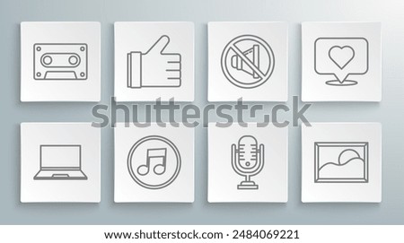 Set line Laptop, Hand like, Music note, tone, Microphone, Picture landscape, Speaker mute, Like heart and Retro audio cassette tape icon. Vector