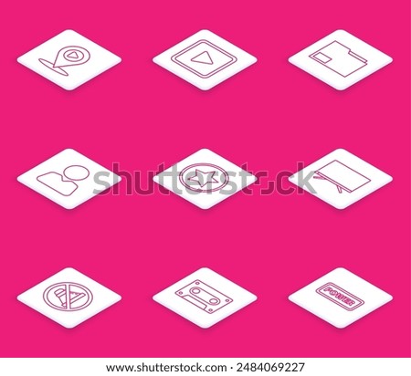 Set line Digital media play with location, Play in square, Document folder, Add to friend, Star, Smart Tv, Speaker mute and Retro audio cassette tape icon. Vector