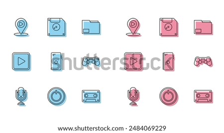 Set line Microphone, Power button, Digital media play with location, Retro audio cassette tape, Smartphone, mobile, Gamepad, Play in square and Floppy disk for computer data storage icon. Vector