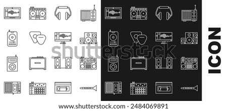 Set line Clarinet, DJ remote for playing and mixing music, Stereo speaker, Headphones, Guitar pick, Music player, Sound audio recorder laptop and monitor icon. Vector