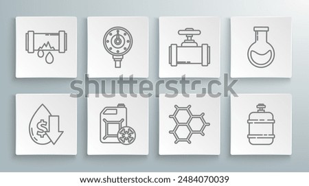 Set line Drop in crude oil price, Chemical formula consisting of benzene rings, Propane tank, Industry metallic pipes and valve, Test tube flask and Broken with leaking water icon. Vector