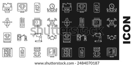 Set line Computer monitor screen, Drone flying with action camera, Algorithm, Remote control, Robot, Assembly line and Processor microcircuits CPU icon. Vector