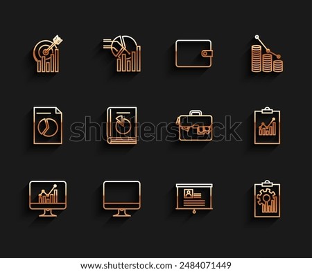 Set line Computer monitor with graph chart, screen, Target, Board resume, Clipboard, User manual,  and Briefcase and money icon. Vector