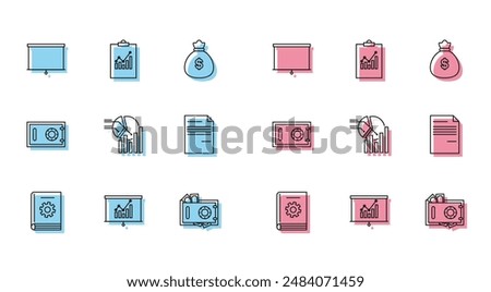 Set line User manual, Board with graph chart, Chalkboard, Safe and money, Pie infographic, Document,  and Clipboard icon. Vector