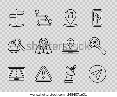 Set line Infographic of city map navigation, Paper airplane, Map pointer with house, Exclamation mark triangle, Road traffic sign, Folded location marker, Radar and Search icon. Vector