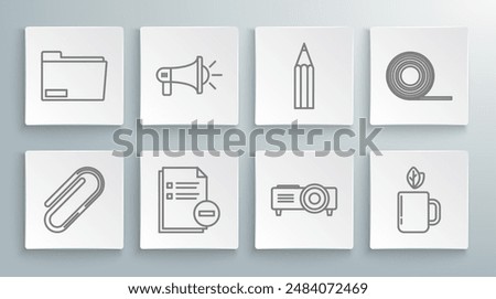 Set line Paper clip, Megaphone, Document with minus, Presentation, movie, film, media projector, Cup of tea and leaf, Pencil, Scotch and folder icon. Vector