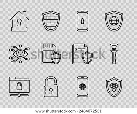 Set line FTP folder and lock, Shield with WiFi wireless internet network, Smartphone, Open padlock, House under protection, SD card shield, fingerprint scanner and Key icon. Vector