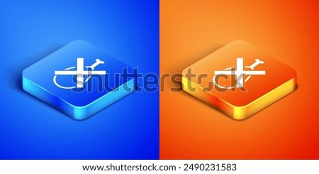 Isometric No meat icon isolated on blue and orange background. No fast food allowed - vegetarian food. Square button. Vector