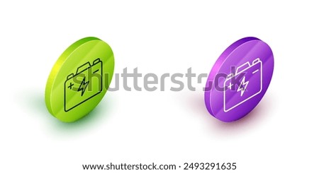 Isometric line Car battery icon isolated on white background. Accumulator battery energy power and electricity accumulator battery. Green and purple circle buttons. Vector