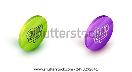 Isometric line Web camera icon isolated on white background. Chat camera. Webcam icon. Green and purple circle buttons. Vector