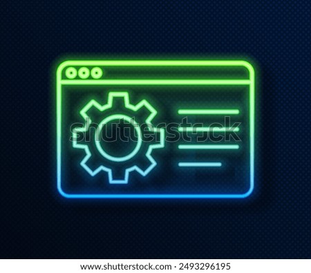 Glowing neon line Browser setting icon isolated on blue background. Adjusting, service, maintenance, repair, fixing.  Vector