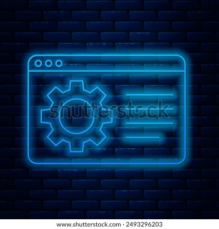 Glowing neon line Browser setting icon isolated on brick wall background. Adjusting, service, maintenance, repair, fixing.  Vector