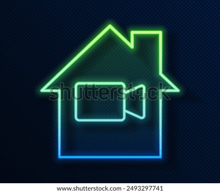 Glowing neon line Video camera Off in home icon isolated on blue background. No video.  Vector