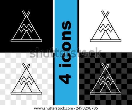 Set line Traditional indian teepee or wigwam icon isolated on black and white, transparent background. Indian tent.  Vector