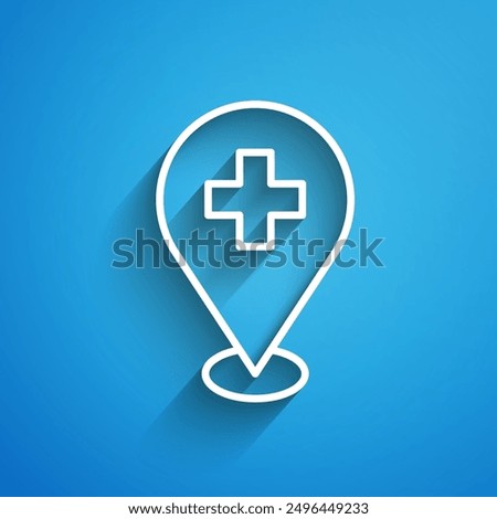 White line Medical map pointer with cross hospital icon isolated on blue background. Long shadow. Vector