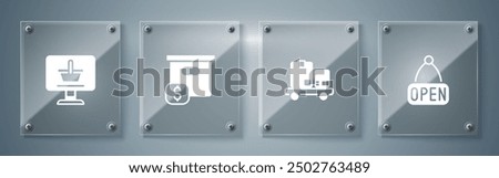 Set Hanging sign with Open, Hand truck and boxes, Carton cardboard price and Shopping cart computer. Square glass panels. Vector