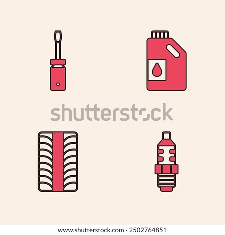 Set Car spark plug, Screwdriver, Canister for motor oil and tire wheel icon. Vector