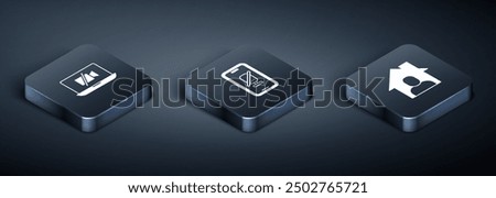 Set Isometric Video camera Off on laptop, Online working and Mute microphone mobile icon. Vector