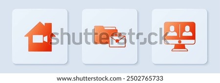 Set Online working, Video camera Off home and chat conference. White square button. Vector