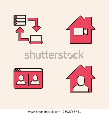 Set Online working, , Video camera Off home and chat conference icon. Vector