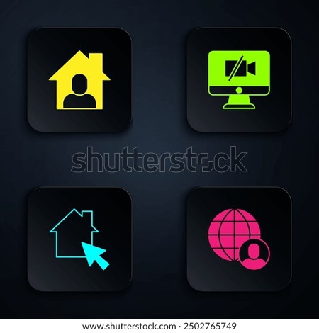 Set Freelancer, Online working,  and Video camera Off on computer. Black square button. Vector