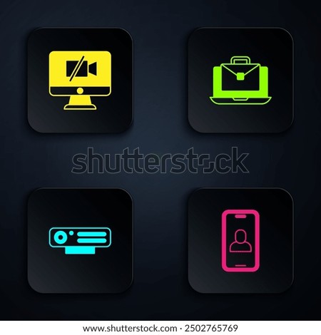 Set Video chat conference, camera Off computer, Web and Online working. Black square button. Vector