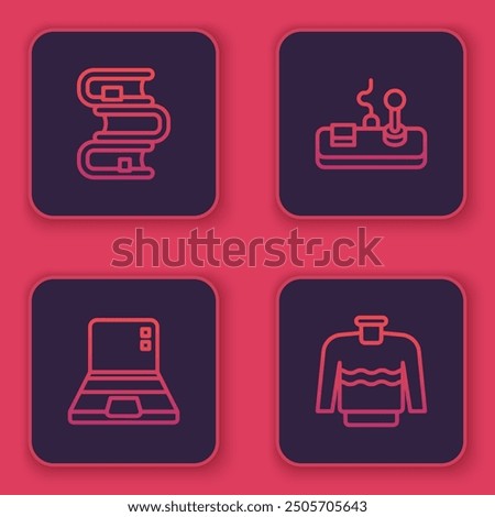 Set line Book, Laptop, Gamepad and Sweater. Blue square button. Vector