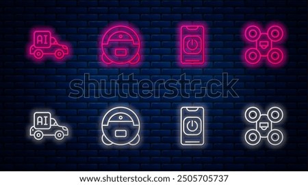 Set line Robot vacuum cleaner, Turn off robot from phone, Autonomous smart car and Drone. Glowing neon icon on brick wall. Vector