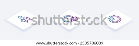 Set Isometric line Piggy bank with coin, Clock shield and Stopwatch. White square button. Vector