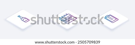 Set Isometric line Champagne bottle, Calendar and Clipboard with checklist. White square button. Vector