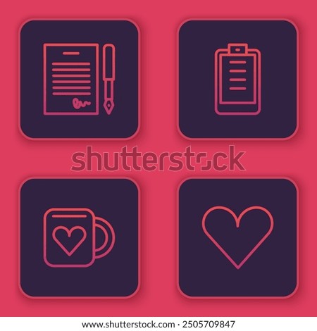 Set line Marriage contract, Coffee cup and heart, Clipboard with checklist and Heart. Blue square button. Vector